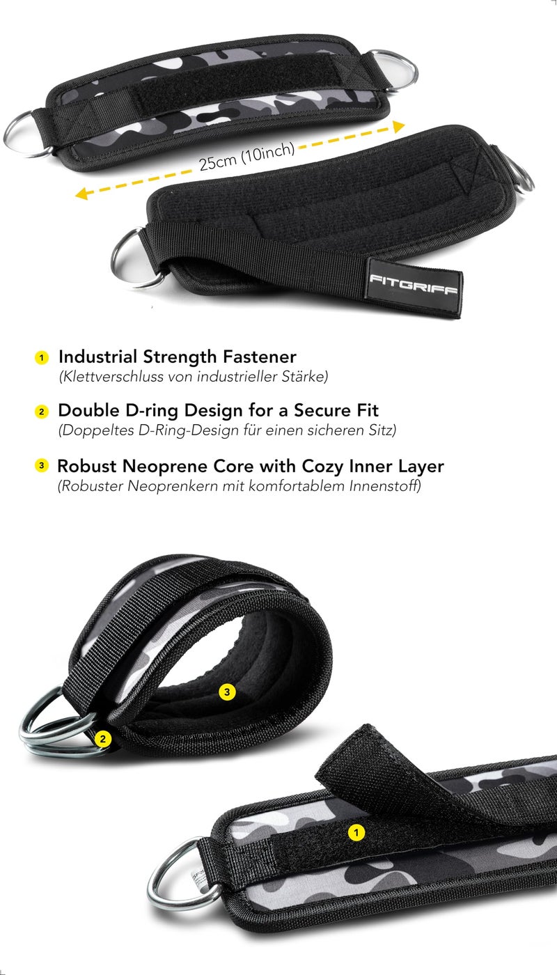 FitgriffÂ® Ankle Straps V1 for Cable Machine (2 Pieces) - Gym Workout Equipment - Leg Pulley Attachment, Kickback Straps (CaÂ­mo-Grey) - Image 3